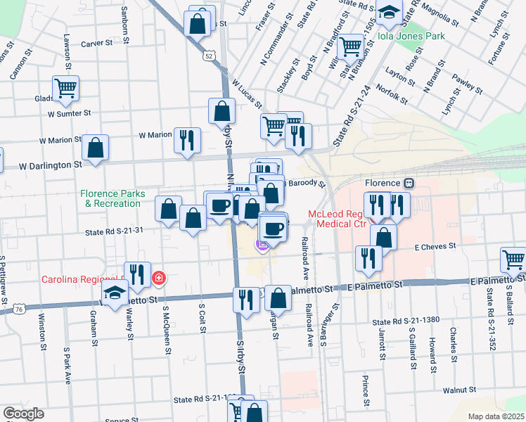 map of restaurants, bars, coffee shops, grocery stores, and more near 155 North Dargan Street in Florence