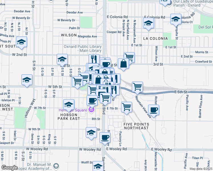 map of restaurants, bars, coffee shops, grocery stores, and more near 440 South Oxnard Boulevard in Oxnard
