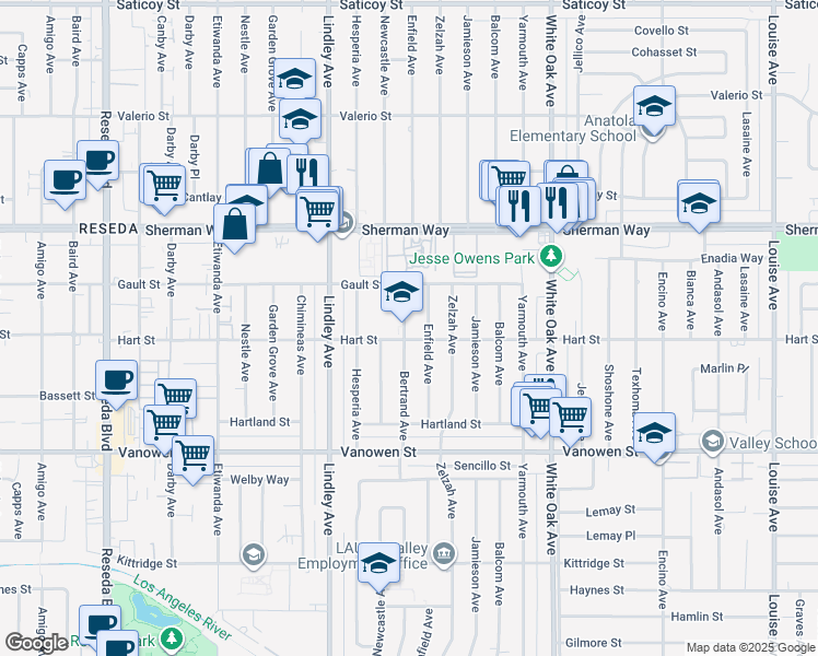 map of restaurants, bars, coffee shops, grocery stores, and more near 7012 Bertrand Avenue in Los Angeles