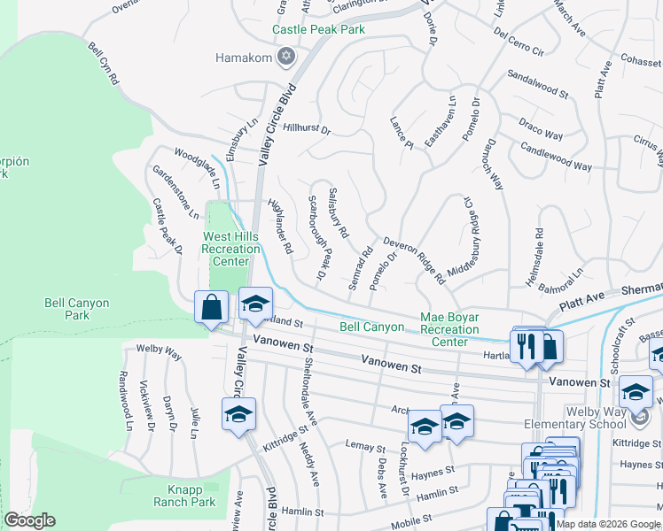 map of restaurants, bars, coffee shops, grocery stores, and more near 7008 Scarborough Peak Drive in Los Angeles