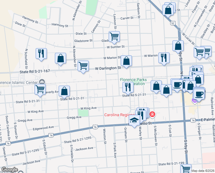map of restaurants, bars, coffee shops, grocery stores, and more near 120 State Road S-21-174 in Florence