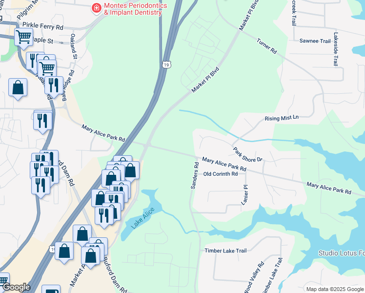 map of restaurants, bars, coffee shops, grocery stores, and more near 355 Mary Alice Park Road in Cumming