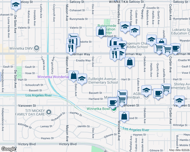 map of restaurants, bars, coffee shops, grocery stores, and more near 7030 Oso Avenue in Los Angeles