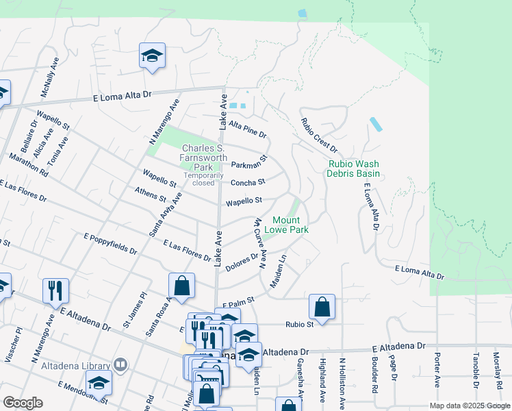 map of restaurants, bars, coffee shops, grocery stores, and more near 1006 Wapello Street in Altadena
