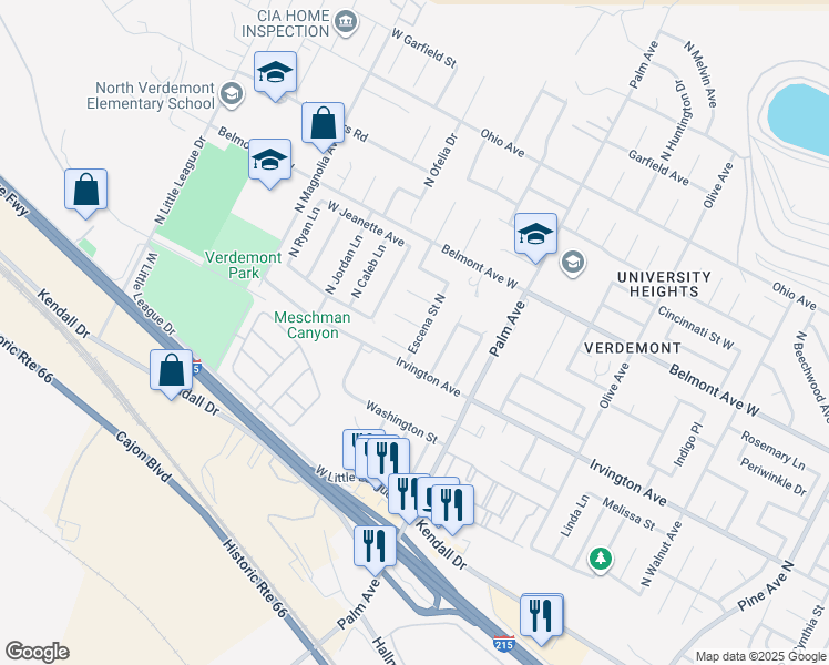map of restaurants, bars, coffee shops, grocery stores, and more near 3205 West Hyatt Road in San Bernardino
