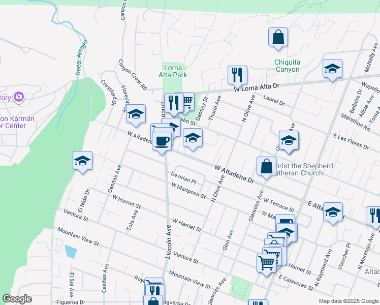 map of restaurants, bars, coffee shops, grocery stores, and more near 3079 Thurin Avenue in Altadena