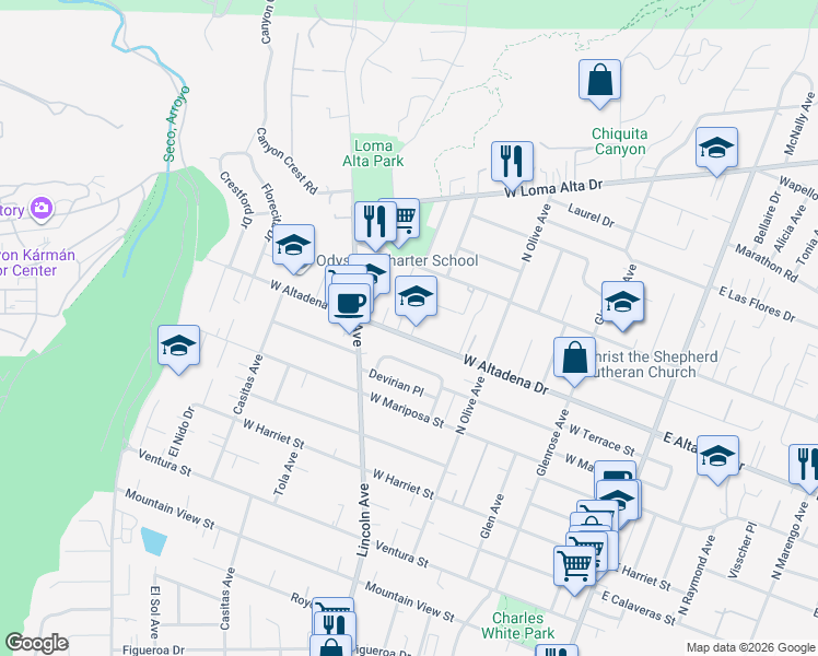 map of restaurants, bars, coffee shops, grocery stores, and more near 3079 Thurin Avenue in Altadena
