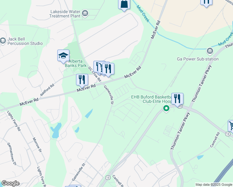 map of restaurants, bars, coffee shops, grocery stores, and more near 5440 McEver Road in Flowery Branch