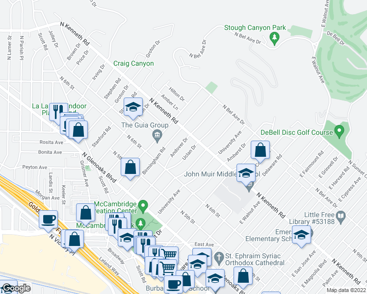 map of restaurants, bars, coffee shops, grocery stores, and more near 712 Andover Drive in Burbank