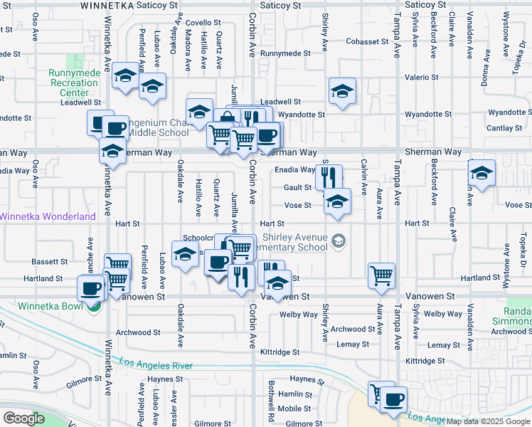 map of restaurants, bars, coffee shops, grocery stores, and more near 7033 Bothwell Road in Los Angeles
