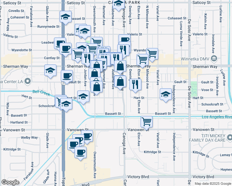 map of restaurants, bars, coffee shops, grocery stores, and more near 7018 Alabama Avenue in Los Angeles