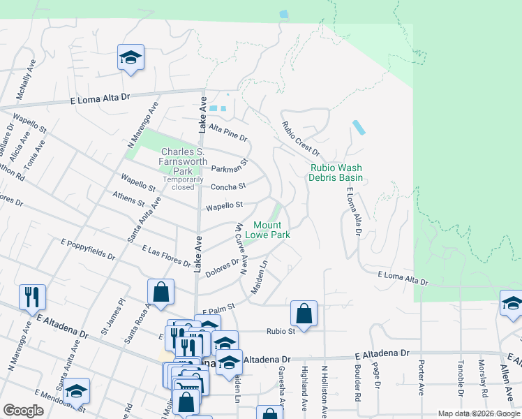 map of restaurants, bars, coffee shops, grocery stores, and more near 3120 Mount Curve Avenue in Altadena