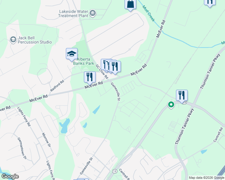 map of restaurants, bars, coffee shops, grocery stores, and more near 5201-5215 Gainesville St in Flowery Branch