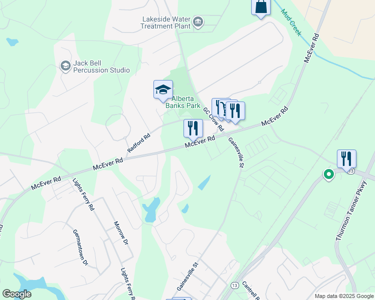 map of restaurants, bars, coffee shops, grocery stores, and more near 5614 Kahawi Drive in Flowery Branch