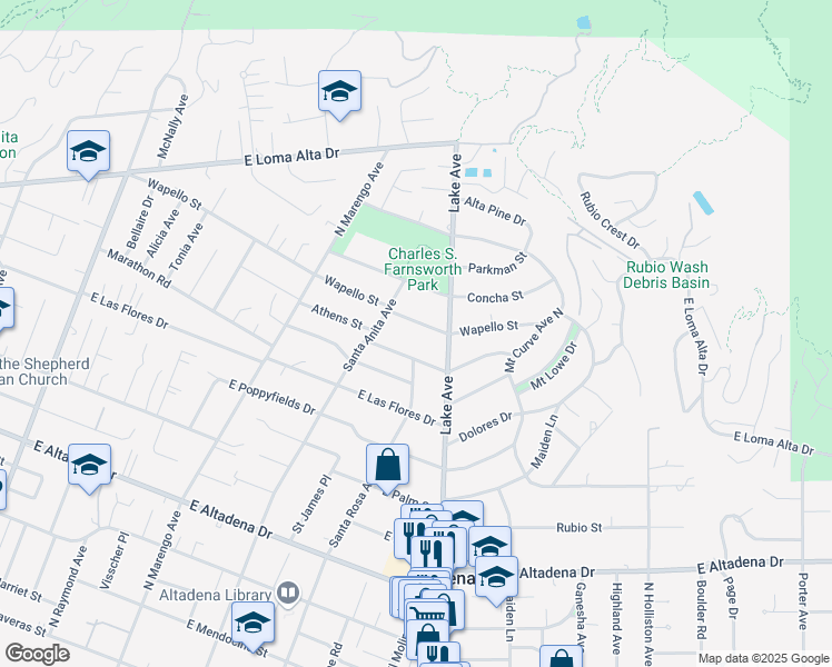 map of restaurants, bars, coffee shops, grocery stores, and more near 614 Wapello Street in Altadena