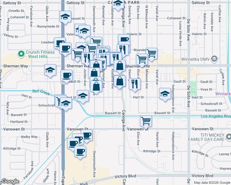 map of restaurants, bars, coffee shops, grocery stores, and more near 7018 Alabama Avenue in Los Angeles