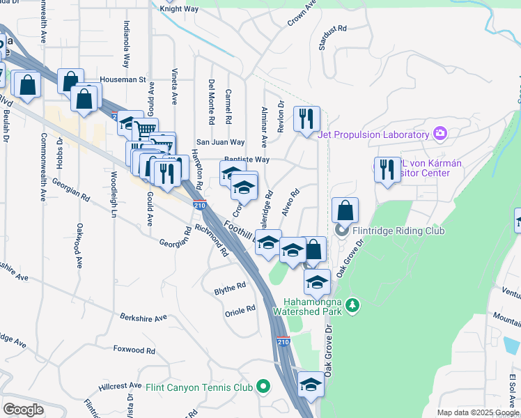 map of restaurants, bars, coffee shops, grocery stores, and more near 4622 Daleridge Road in La Cañada Flintridge