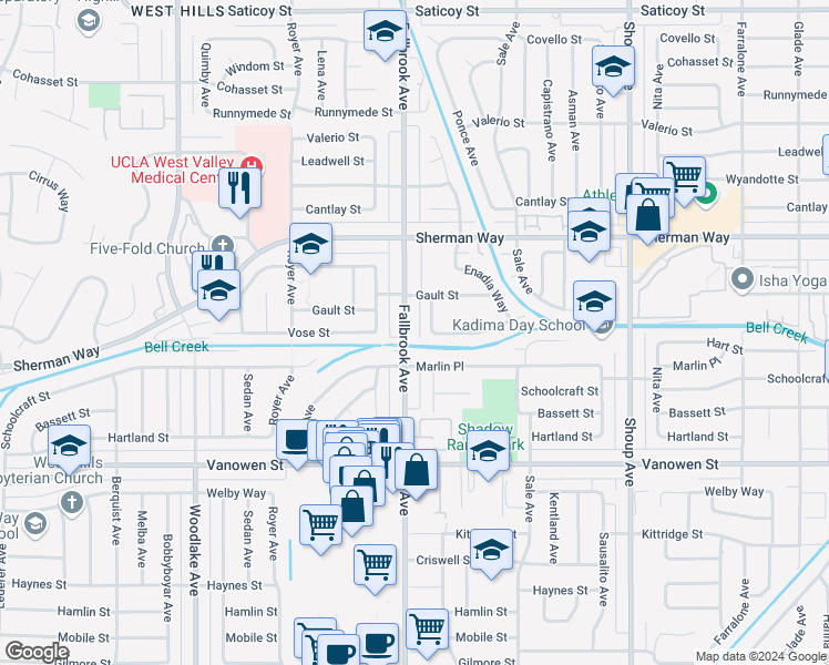 map of restaurants, bars, coffee shops, grocery stores, and more near 7014 Fallbrook Avenue in Los Angeles