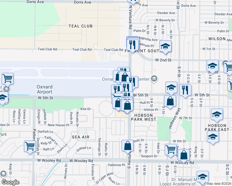 map of restaurants, bars, coffee shops, grocery stores, and more near 481 S Ventura Rd in Oxnard