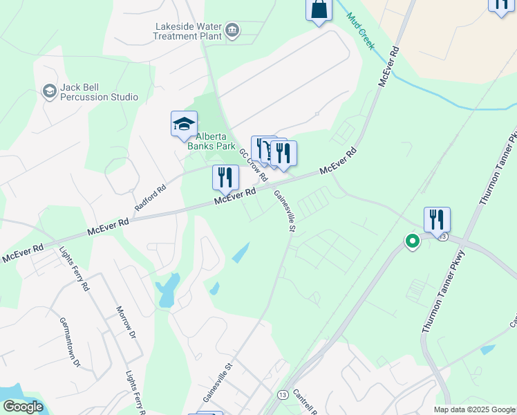 map of restaurants, bars, coffee shops, grocery stores, and more near 5521 McEver Road in Flowery Branch