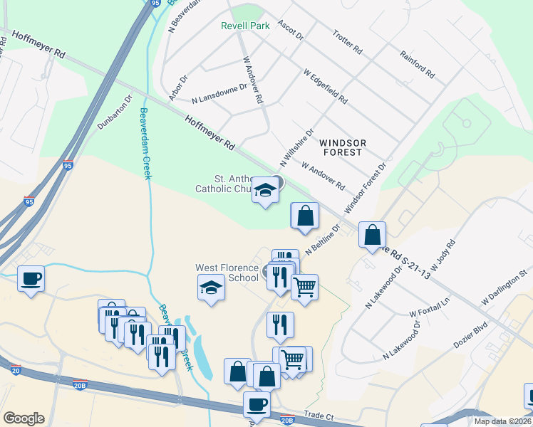map of restaurants, bars, coffee shops, grocery stores, and more near 2536 Hoffmeyer Road in Florence
