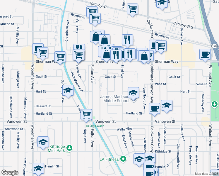 map of restaurants, bars, coffee shops, grocery stores, and more near 7029 Atoll Avenue in Los Angeles