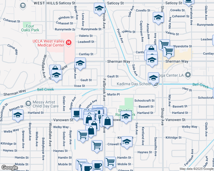 map of restaurants, bars, coffee shops, grocery stores, and more near 7014 Fallbrook Avenue in Los Angeles