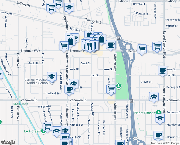 map of restaurants, bars, coffee shops, grocery stores, and more near 7011 Bellaire Avenue in Los Angeles