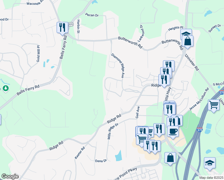 map of restaurants, bars, coffee shops, grocery stores, and more near 216 Diamond Valley Pass in Canton