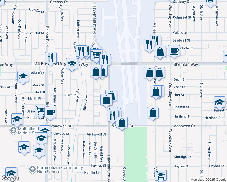 map of restaurants, bars, coffee shops, grocery stores, and more near 7051 Hayvenhurst Avenue in Los Angeles