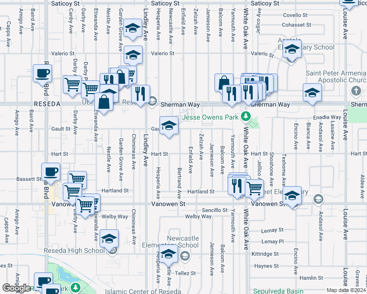 map of restaurants, bars, coffee shops, grocery stores, and more near 7012 Bertrand Avenue in Los Angeles