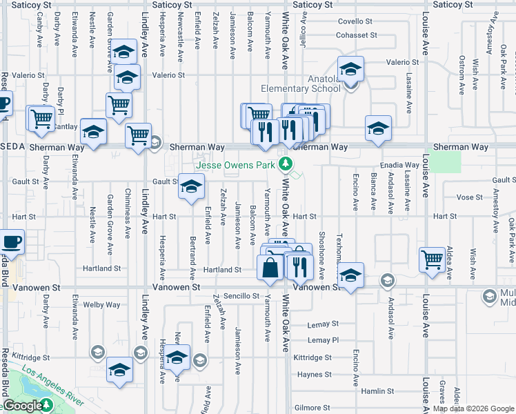 map of restaurants, bars, coffee shops, grocery stores, and more near 7031 Balcom Avenue in Los Angeles