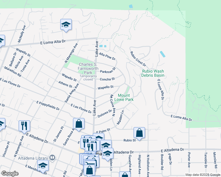 map of restaurants, bars, coffee shops, grocery stores, and more near 1006 Wapello Street in Altadena