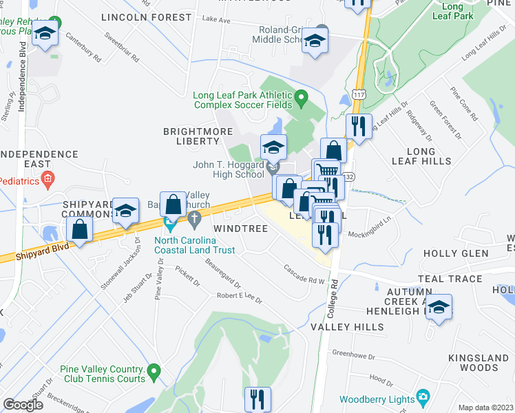 map of restaurants, bars, coffee shops, grocery stores, and more near 4303 Holly Tree Road in Wilmington