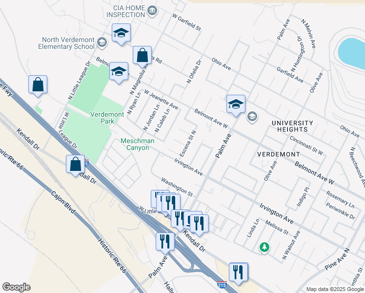 map of restaurants, bars, coffee shops, grocery stores, and more near 3205 West Hyatt Road in San Bernardino