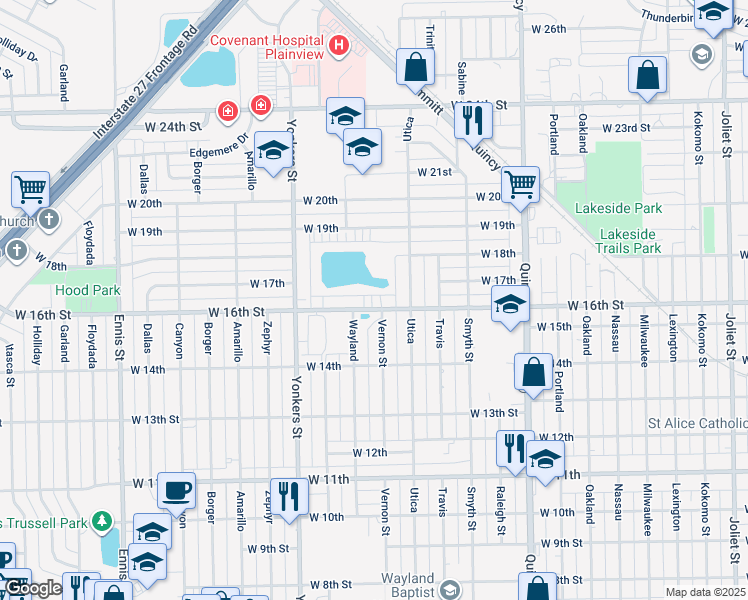 map of restaurants, bars, coffee shops, grocery stores, and more near 2306 West 16th Street in Plainview