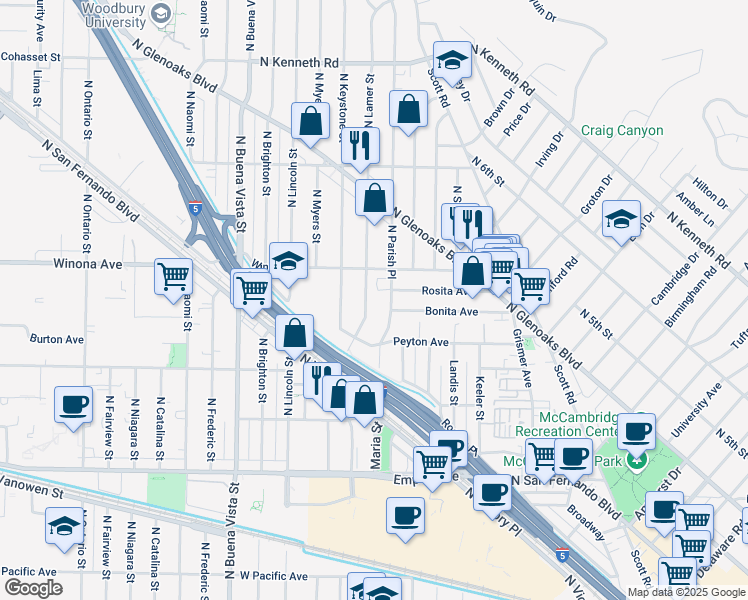 map of restaurants, bars, coffee shops, grocery stores, and more near 2150 North Lamer Street in Burbank