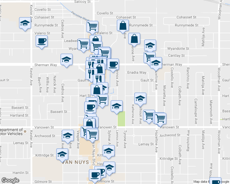 map of restaurants, bars, coffee shops, grocery stores, and more near 14360 Vose Street in Los Angeles