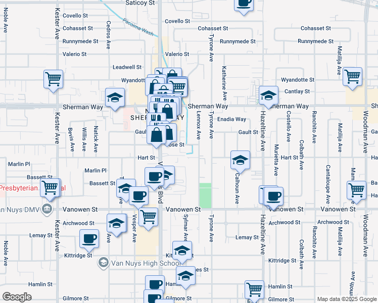 map of restaurants, bars, coffee shops, grocery stores, and more near 14360 Vose Street in Los Angeles