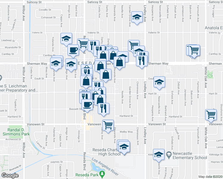 map of restaurants, bars, coffee shops, grocery stores, and more near 7034 Etiwanda Avenue in Los Angeles