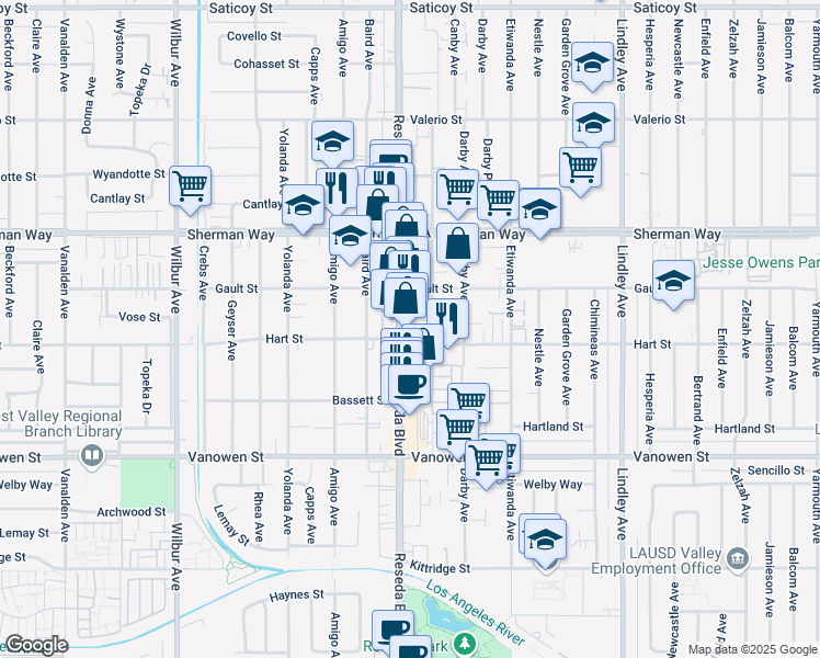 map of restaurants, bars, coffee shops, grocery stores, and more near 7030 Reseda Boulevard in Los Angeles