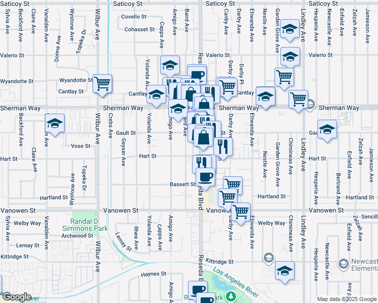 map of restaurants, bars, coffee shops, grocery stores, and more near 7021 1/2 Baird Avenue in Los Angeles
