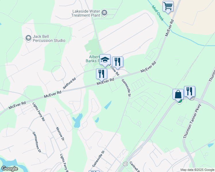 map of restaurants, bars, coffee shops, grocery stores, and more near 5349 Melbourne Lane in Flowery Branch