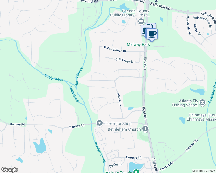 map of restaurants, bars, coffee shops, grocery stores, and more near 5750 Palmtree Pass in Cumming