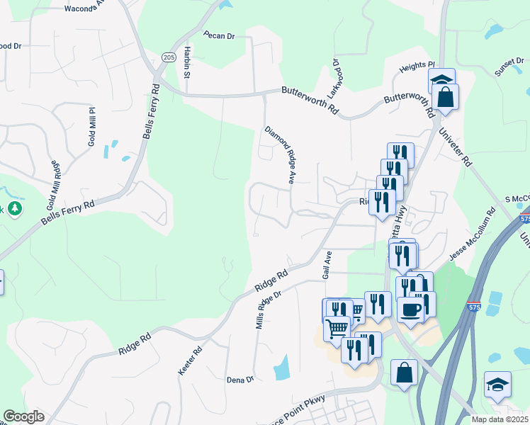 map of restaurants, bars, coffee shops, grocery stores, and more near 216 Diamond Valley Pass in Canton