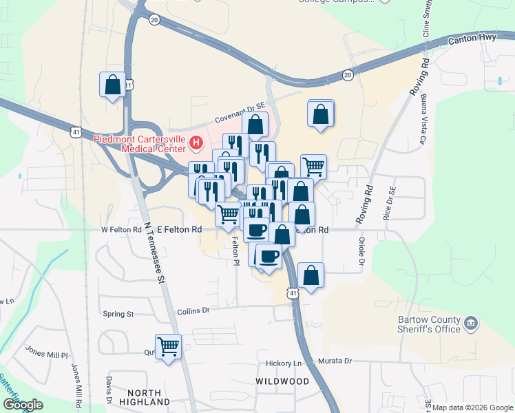 map of restaurants, bars, coffee shops, grocery stores, and more near US Highway 41 in Cartersville