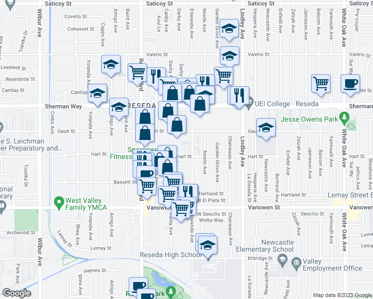 map of restaurants, bars, coffee shops, grocery stores, and more near 18319 Hart Street in Los Angeles