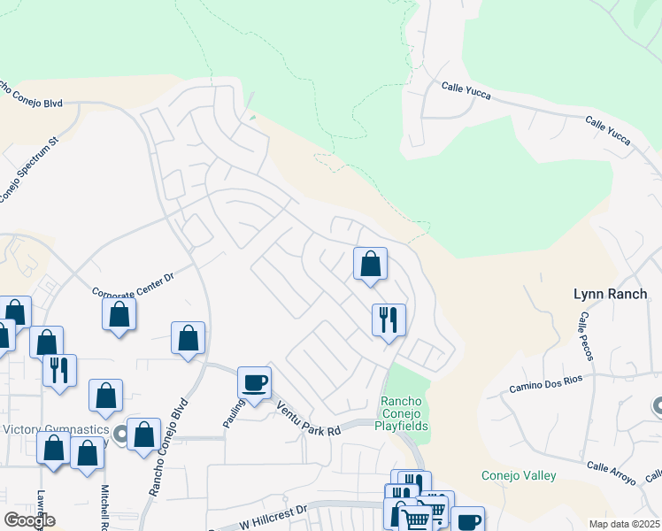 map of restaurants, bars, coffee shops, grocery stores, and more near 1435 Geyser Court in Thousand Oaks