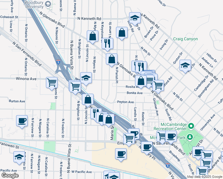 map of restaurants, bars, coffee shops, grocery stores, and more near 2150 North Lamer Street in Burbank
