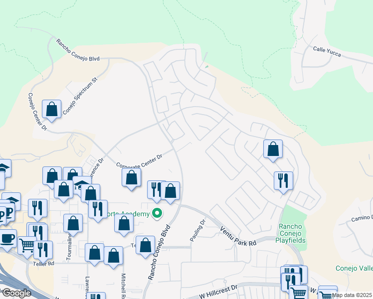 map of restaurants, bars, coffee shops, grocery stores, and more near 1300 Rancho Conejo Boulevard in Thousand Oaks